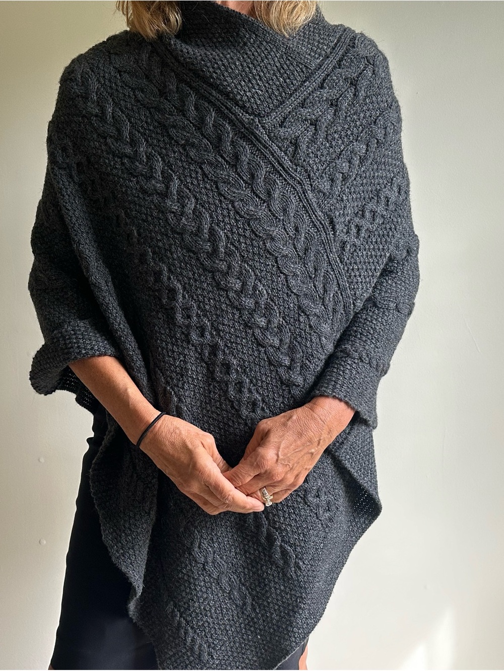 100% Merino Wool Charcoal Cable Knit Poncho Sweater